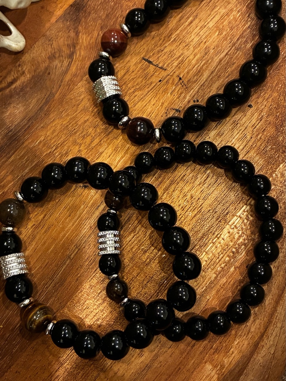 Set of Three Men’s Black Beaded Stretch Bracelets with Silver Accents 18.5cms